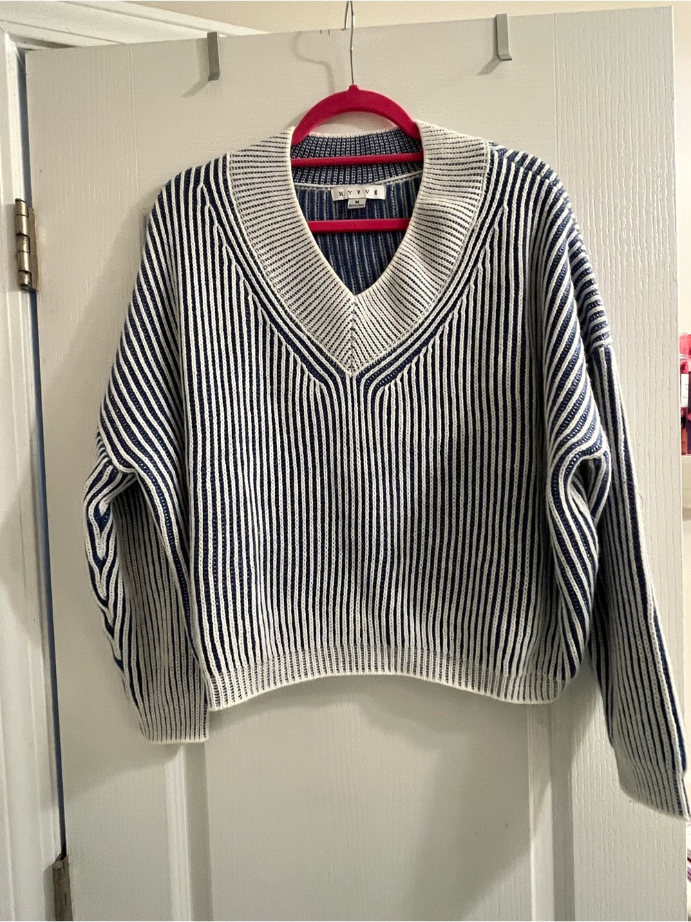 HYFVE Navy and White Striped V-Neck Sweater